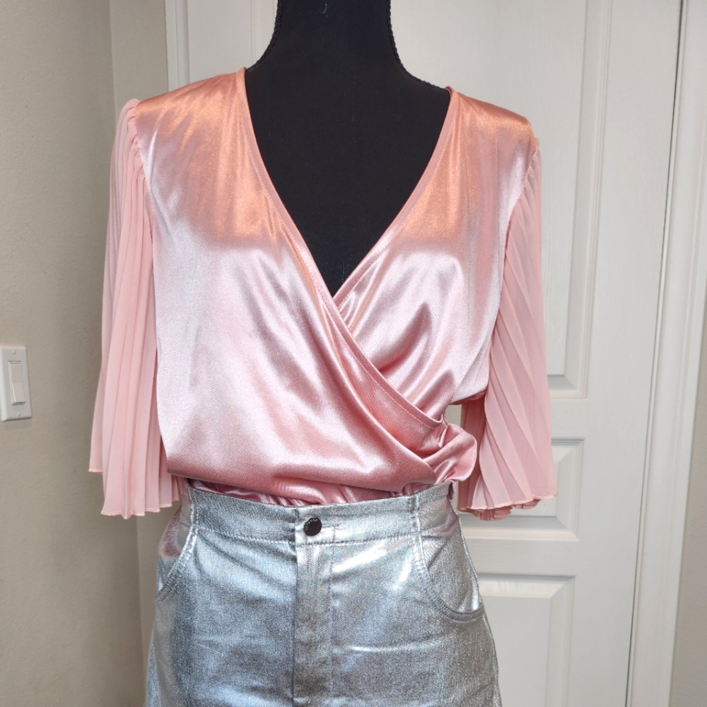 Paperoc Sateen Like Pink Evening Coctail Party Faux Wrap Blouse Mediun